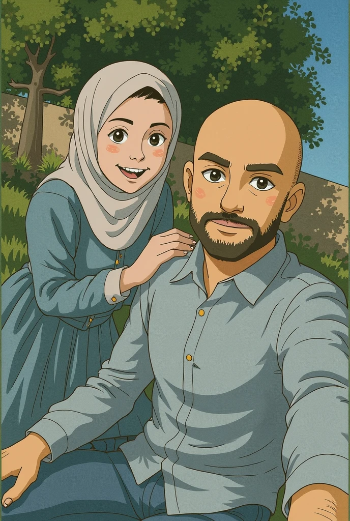 Drawing portrait anime of a serious 61-year-old man, Much older than the girl. The man has grey hair combed back in a pompadour style, and the sides are shaved, the length of his hair is short, tough body, and has a beard. He wears a white t-shirt and jeans. The girl is smiling and funny and wears light blue blouse. She has chocolate eyes, fair skin, wear black hijab, and little chubby. They holding hang in a car.