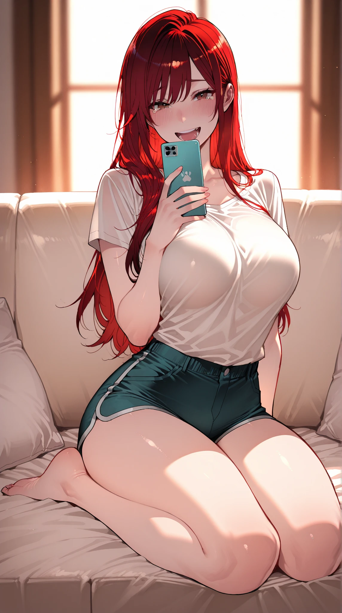 make redhaired fat girl at home in too tight clothes she's holding a smartphone