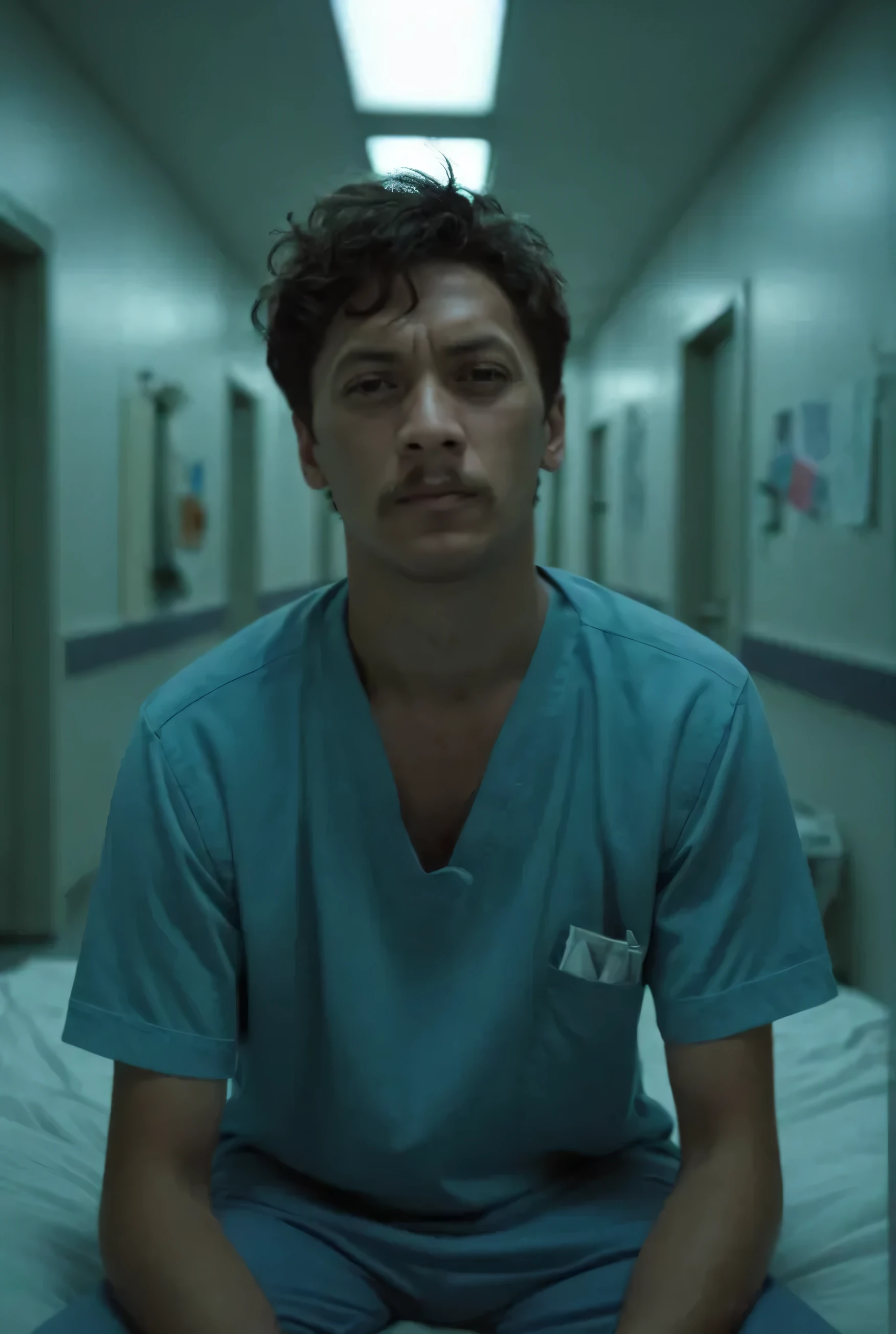 The image depicts a shirtless handsome young man resting on a hospital bed. He has dark, wavy hair and a sic8 expression on his face. In the background, there is medical equipment such as an IV drip and a monitor displaying a heart rate graphmany, ventilator, defibrillator medical device cables attached to the chest. The overall setting suggests a medical or hospital environment. The image has a dramatic, artistic style with striking lighting and shadows that emphasize the subject's facial features and physical form.