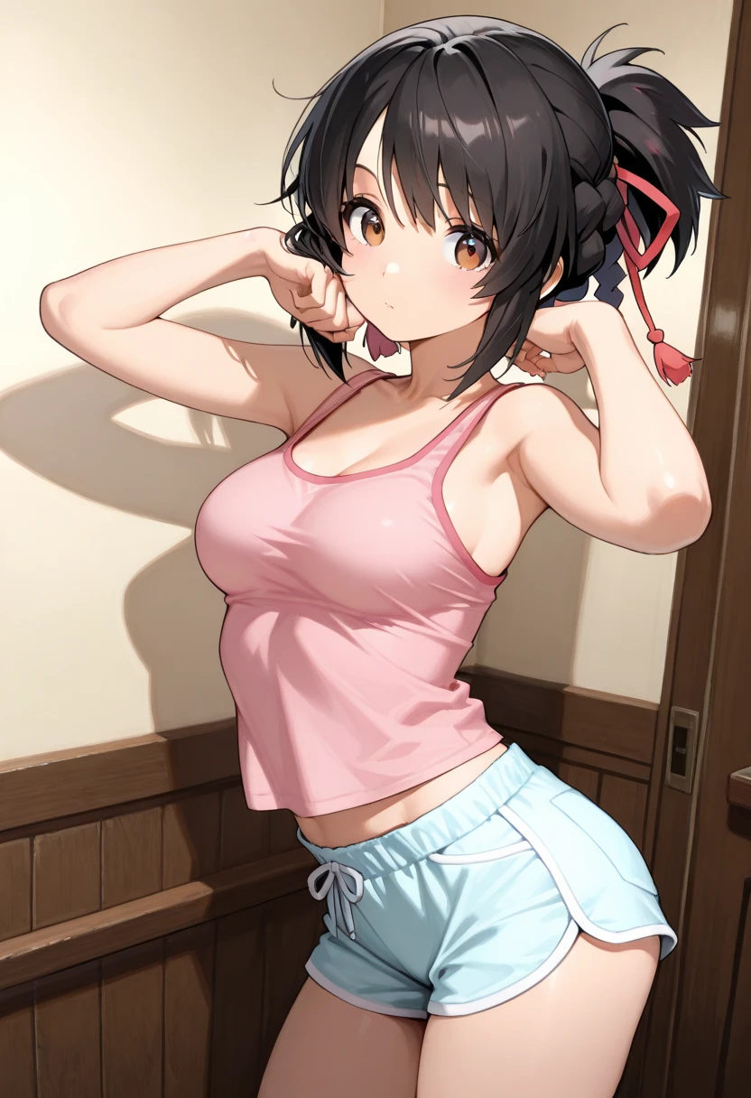 (8k、Highest quality、highest quality、masterpiece)、Detailed face、One girl、 Black Hair、short hair、twintails、blunt bangs、Grey Eyes、evil smile、((Grin))、Small breasts、((camisole))、((denim skirt))、Cowboy Shot、((bent over))、Back Alley Background、Very large breasts、Inside locker、go into the locker、blush、Embarrassed、skirt Lift