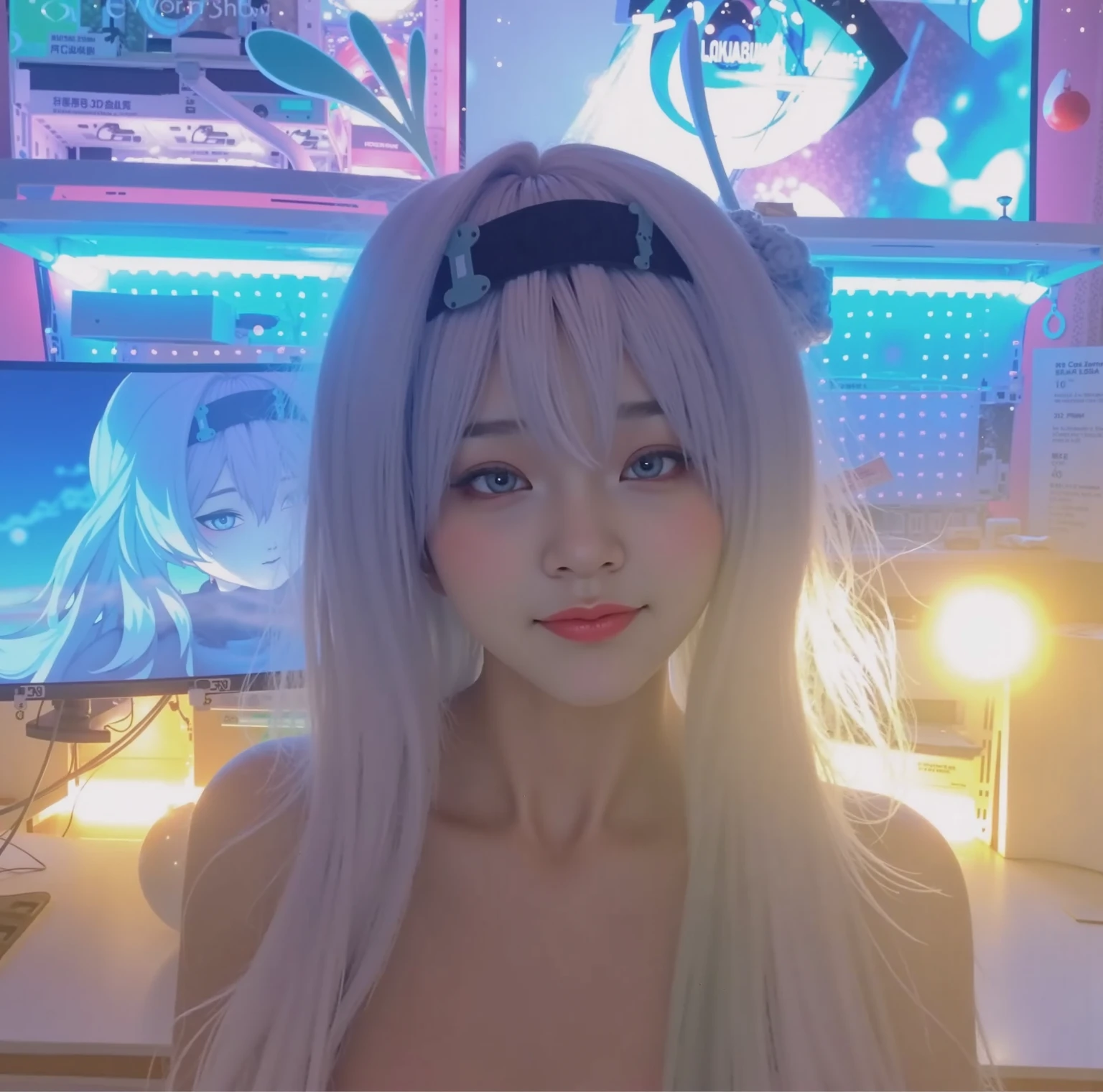 ((Top Quality, 8k, Masterpiece: 1.3)), Crisp Focus: 1.2, Beautiful Women with Perfect Figure: 1.4, (Face detail), (Shadow Detail), (huge breasts: 1.5), 1 japanese girl, 25 years old, ((White hair)), silver hair, (huge breast : 1.5), white shirt, (room detailed), black hair band
