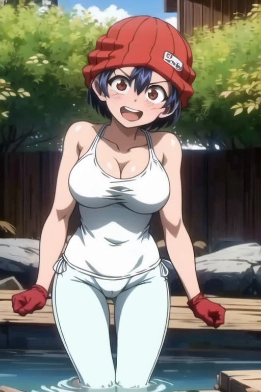 1girl, (masterpiece:1.1), hi-res, 4k chuyun,Dark blue hair,Brown red eyes,red hat,Red gloves,White T-shirt,Blue pants ((en bikini))