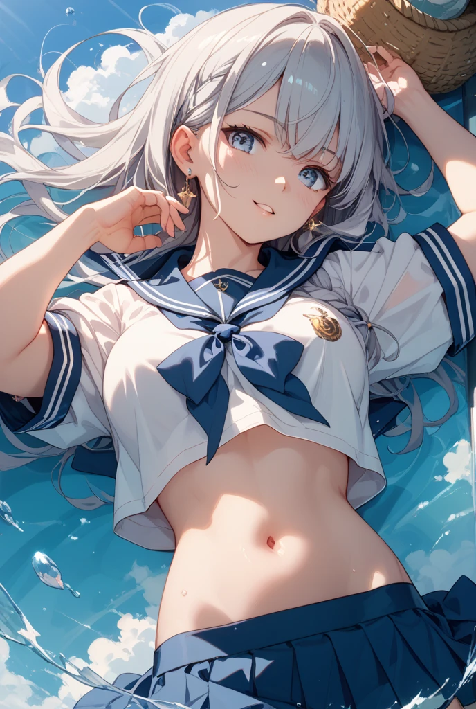 sexy style sailor woman, long hair, blue eyes, hyper realistic image, high details, blue and white sailor clothes, high sea background on a luxury ship, detailed image, super realistic, high color contrast