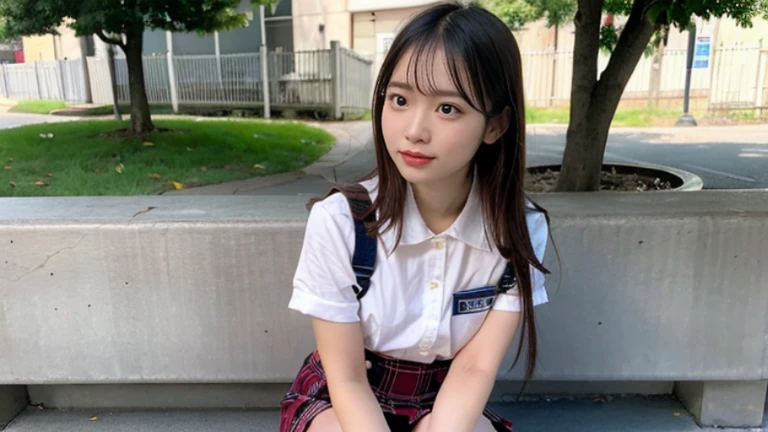 (((Japanese)))(10-year-old elementary school girl) ((((One 10-year-old girl、alone)))) Black Hair ponytail Red extensions whole body写真 Full Shot short hair 低いponytail whole body Thighs uniform shirt Checkered Skirt ((drop bowknott)) Facing seats on train (Spread your legs) ((Embarrassed)) Visible through the gap((Panties)) ((A shy smile)) ((See-through clothing))