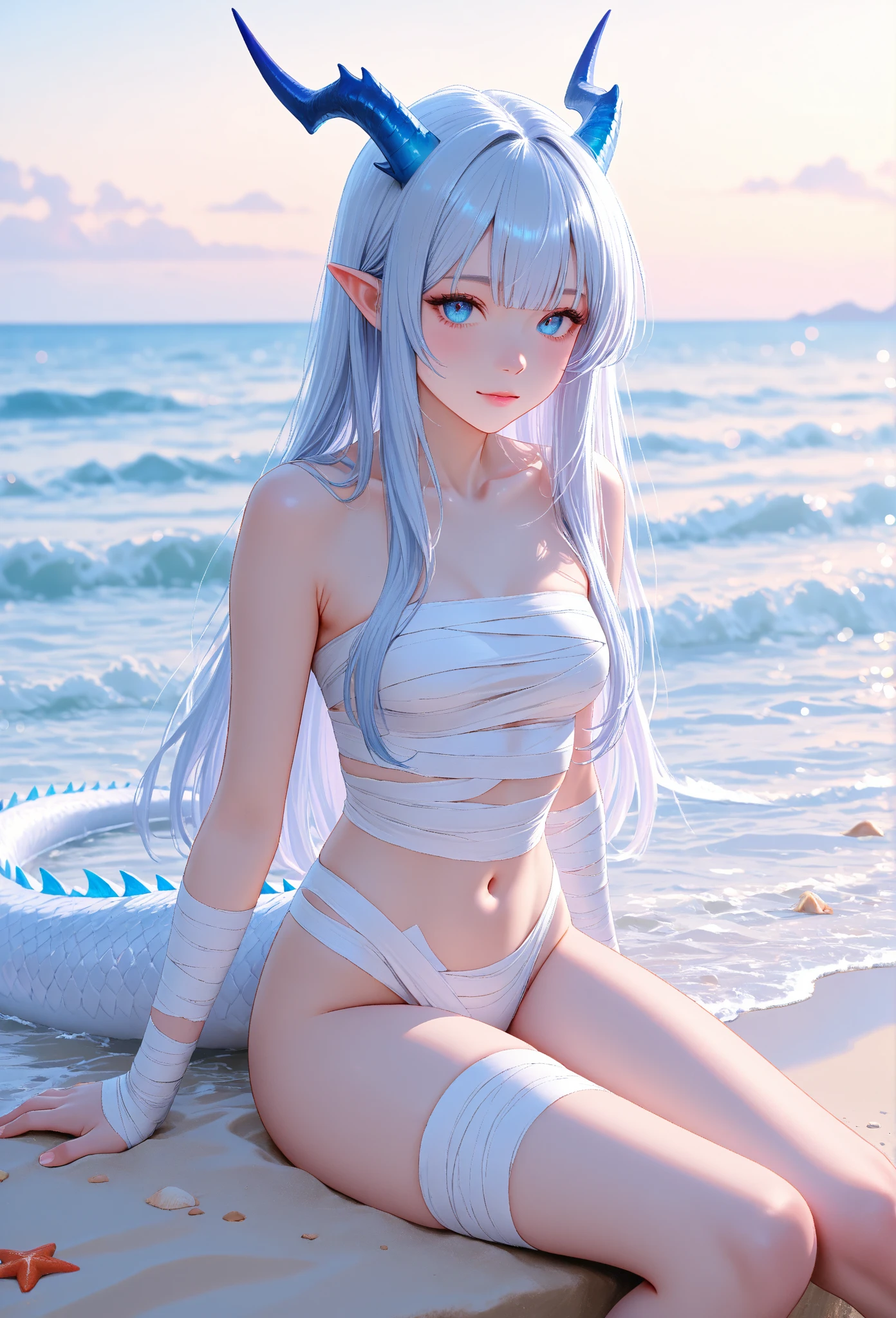 vulgar,((Kamisato Ayaka in Genshin Impact)),solo, ((semi long beautiful silver blue hair,beautiful blue eyes)),
high angle,from above,cleavage, ((masterpiece, highest resolution,best quality)), (illustration),(white beautiful elegant bikini,string tied bra and panties), (flat sitting on the sand),gleaming skin,wet,
 innocent smile, white over-kneehighs,Lace chalker, wristband, fingerless gloves, over-kneehighs,
Lace chalker, diamond necklace,wristband, fingerless gloves, earrings, windy,cinematic lighting and pause, beach, sand, blue sky, waves, coconut tree,fish,boat,sea gull,