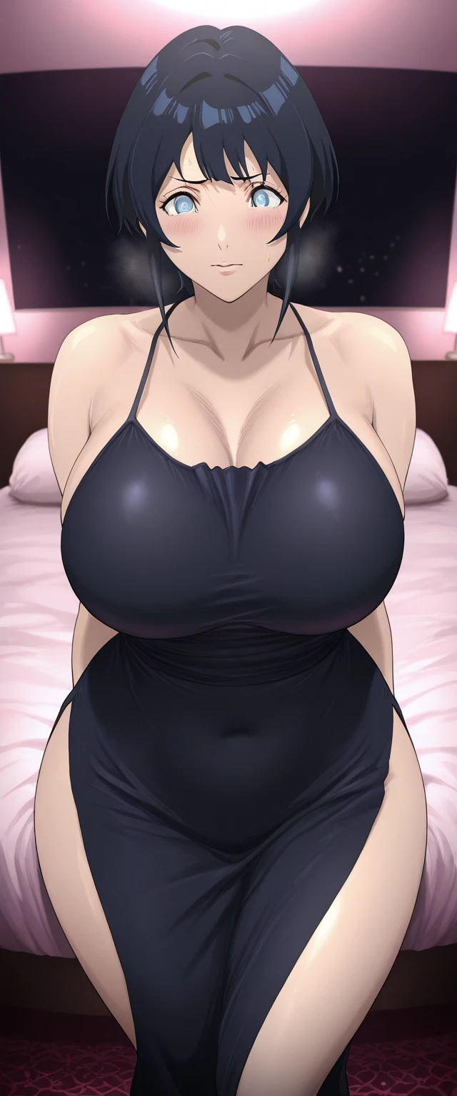 Looking into the camera、When I Look at You、lookatviewer、Anime Style、Eroge、1 Girl,  (Huge long breasts:1.2), (Black maxi dress:1.5、Clothes that only show the cleavage)、Low Angle、Brown haired, hair band、Bob Hair、The forehead is visible、smile,Round Breasts、Pregnant women