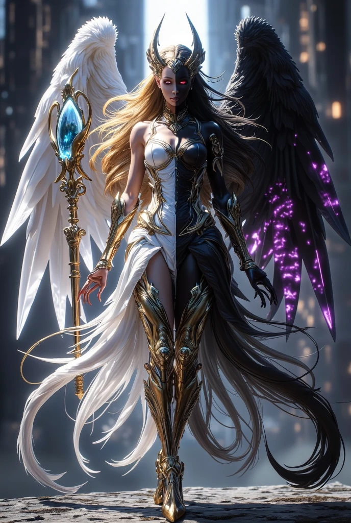 (extremely detailed image),((full body):1.5), (angel female appearance) (giant angelic wings), (flaming eyes, neon eyes), (Extreme display of power), apocalypse, angel, power, end of world, (rich in detail), (involving and intricate powers), ((Long shot):1.4), ((cinematic lighting):1.3)
