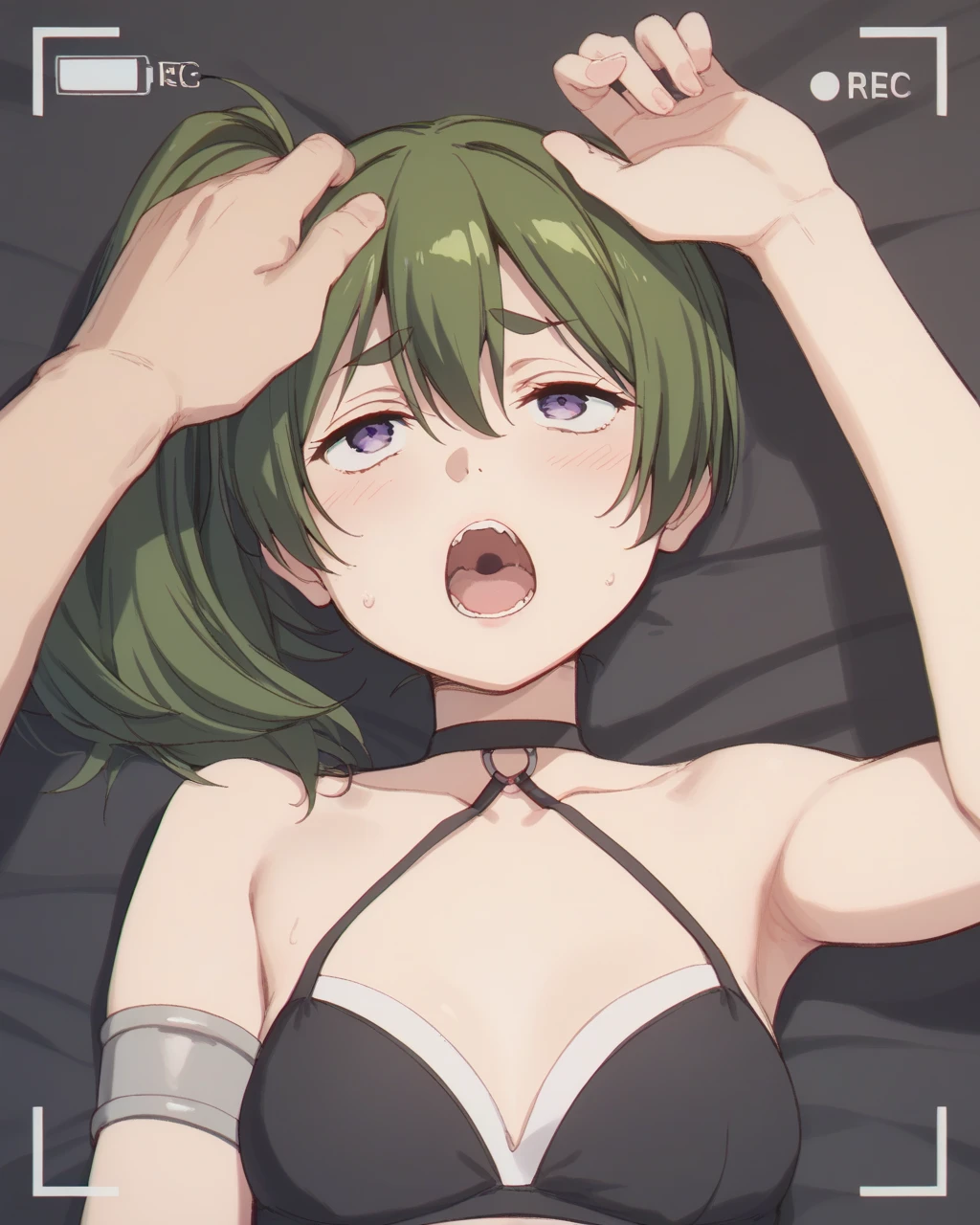 1girl, Masterpiece, Best quality, girl, beautiful, fine features, looks at viewer, In the metro, light from above, ((looking disgusted)), ((Very angry)), ((super Pale Green Hair)), Green eyes, 2 short pigtails, short hair, thick thighs, beautiful body, goddess, lying on bed, ((naked)), ((very sexy)), beautiful body, goddess, (((oral sex))), semen, ((blowjob)), (((deepthroat))), ((all eltire penis inside her throat)), ((violation)), ((hands touching his head))
