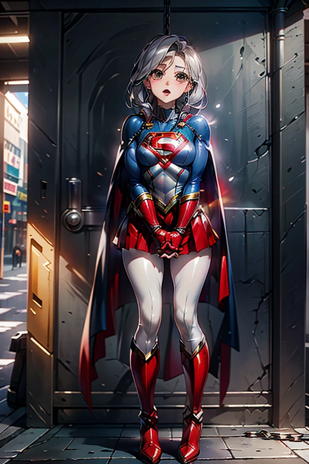 (whole body), (masterpiece:1.2), (Highest_quality:1.2), (Ultra_detailed:1.3), 8k,Low - Angle,From below,1 girl,alone,Big ass girl, Annoyed face,Glare,Viewer ID Chest, barefoot,Red long boots,3D Rendering, Superman_oc,( Supergirl),Laura Bodewig, Long Hair, (Red eyes:1.3), Grey Hair, Eye patch,Blue leotard,Red Cape,gloves,Simple Background,White Background,(Squat with your legs apart,Raise your arms back),