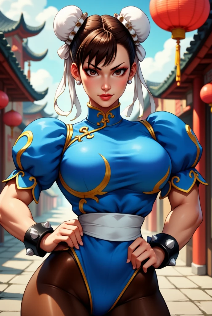 ((Best quality)), ((Masterpiece)), ((Realistic)) and ultra-detailed illustration of a girl with chun li colors. Chun- li, ((Chun- li)), dressed in ( micro-thong, black micro-bikini:Star motif ) , ((Beautiful and aesthetic)), ((((muscles)))), Sexy, under-, ((huge breasts)), Hot, (Cream gradient background)