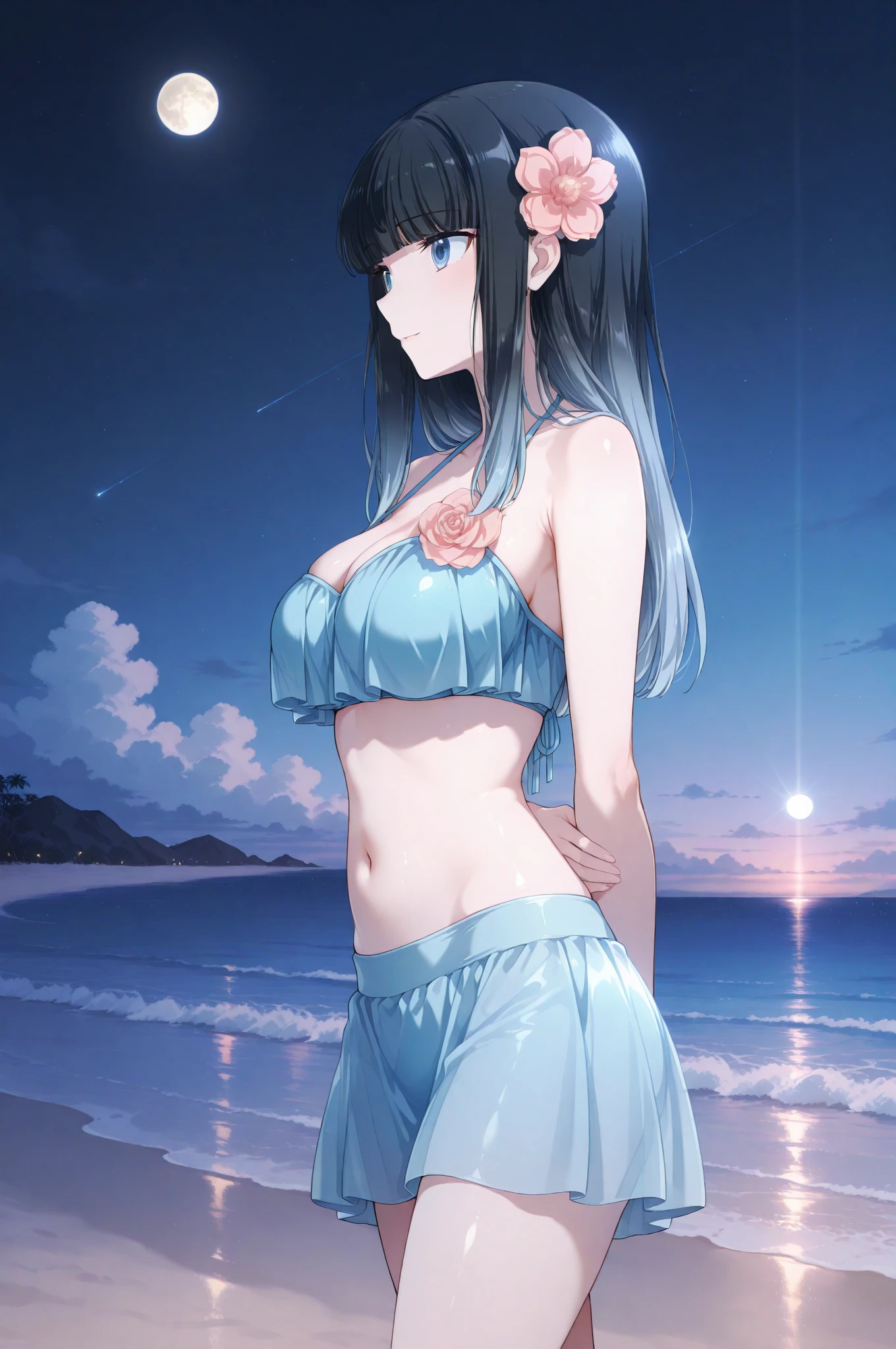 (((strong sun light))),goddess, bloom, lens flare, (8k, RAW, professional, best quality, masterpiece:1.2), ultra-detailed, (25mm portrait wide angle), (highest detailed skin:1.2), (highest detailed face:1.2), 1woman, black hair, (windy), (((standing on the beach))), sun light, look at the camera, ((blue bikini)), polite smile