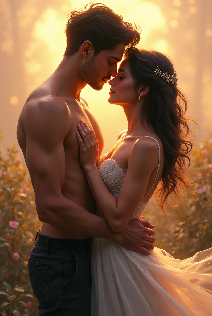 fantasy couple, young woman curly black hair 18 years old hugging a young brown man he wearing a boxer shorts