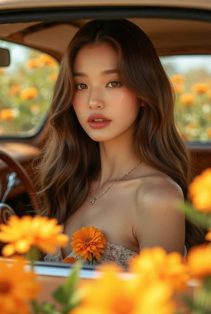 the Extremely Detailed CG Unity 8K Wallpapers、top-quality、ultra-detailliert、​masterpiece、realisitic、Photo Real、extremely detailed cute girl、16yr old、(((skirt lift by yourself)))、(Lifted by yourself)、panties on、((transparent small panties)), panties focus, transparent, red blush、parted lips、No clothing, looking at the viewers、Semi-body shot、((in a sunflowerfield))、(((with spreading legs)))