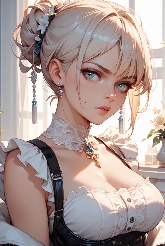 (masterpiece, best quality, (1girl:1.5), solo, intricate details, chromatic aberration), (realistic), (skin), ((breath)), (wavy white hair, bob cut, blunt bangs, hair over one eye), detailed hair, red ornament, blue highlights, small earrings, sharp eyes, purple eyes, choker, ((black crop top, thin material, skirt)), open waist, (symmetry eyes), (perfect symmetrical body), night, (((natural light))), backlighting, against grey wall, dim lighting ,look at viewer, (((centered shot, from front, face and waist))), (large breasts: 1.2), cleavage,