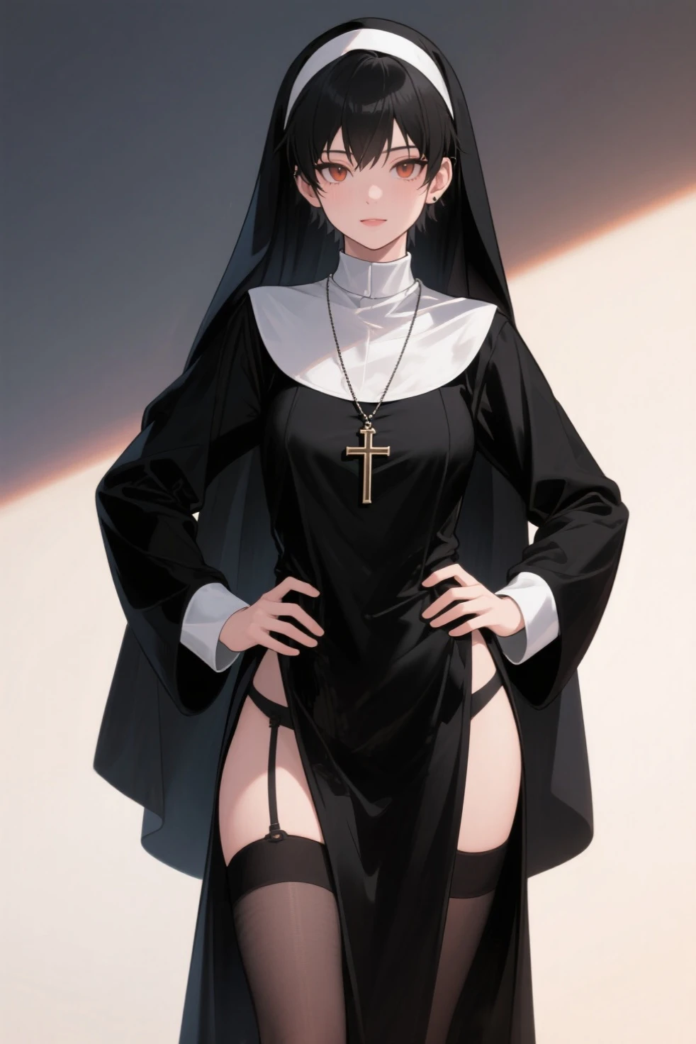 (score_9,score_8_up,score_7_up,score_6_up,score_5_up,score_4_up),1girl,solo, black hair, medium hair, red, big breast, arms behind back, nun uniform, thigh, black panties, thick, white background, standing, very tall, depth of field, masterpiece, best quality, realistic light and shadow, high key lighting, (balanced photo, balanced exposure), view from front, knee to head,