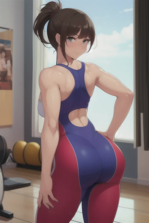 Realistic,15-year-old girl.Wearing a leotard,Gymnast,Gymnastics arena,笑face,face,Skin realism, Y-shaped balance
