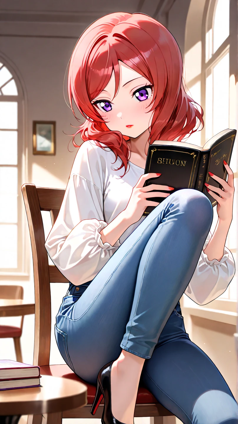 (hero neisan art style:0.7), (hews art style:0.7), score_9, score_8_up, score_7_up, score_6_up, makise kurisu, red hair, long hair, dark-blue eyes, black pupils, BREAK (masterpiece:1.2), best quality, high resolution, (beautiful detailed eyes:1.3), perfect lighting, (perfect hands, perfect anatomy), godrays,1girl, dynamic angle, sitting on couch, reading book, spread legs, dildo in pussy, blush, sweat, closeup, black outline on dildo, powers, black glowing aura, reading, pout, levitating dildo, clothed, motion lines, sweating profusely, panties pulled, 