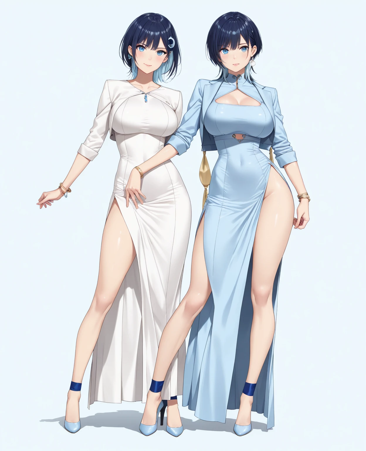 Wear lace pajamas,Visible lace transparent lingerie,Standing in the doorway,One hand crosses the waist,perfect bodies,Large of breast,cleavage,The are visible,looks into camera,The atmosphere is ambiguous,high qulity,high detal,oestrus,Whole body diagram,Blue high heels