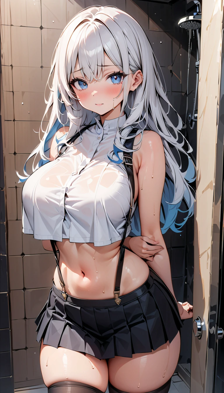 nsfw,gesture:Handjob、Wet、(Y-shirt shows through and underwear can be seen:1.4)、(Unbroken body),(Perfect body structure),(arms two),(legs two),highest quality, 4K, (High resolution:1.3) masterpiece, 1.2, Super detailed, HDR, Studio Lighting, Sharp Focus, Bright colors, Portrait, Warm tones, Soft Lighting,Silver Hair、Blue eyes、
