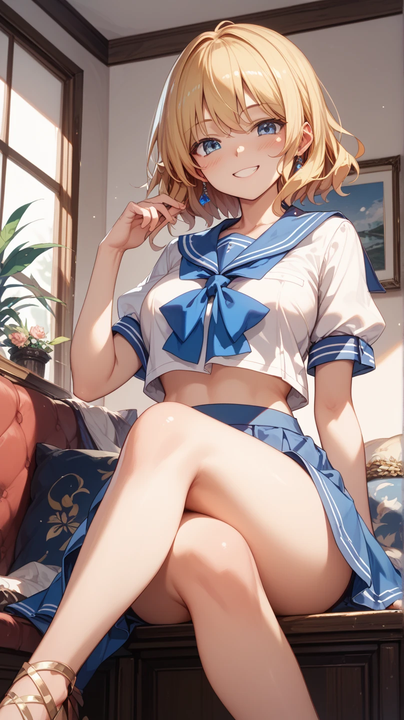 (((1girl))), ((best quality)), ((masterpiece)), ((ultra-detailed)), (illustration), (detailed light), (an extremely delicate and beautiful), (beautiful detailed eyes), (sunlight), ((extremely light)), ((extremely clothes)), (((hyper detail))),(((((front lighting))))),(((((front light))))),
((((quite adorable sailor uniform with brief pleated skirt)))),
,
wavy short manish bob, ((((yellow gold hair)))), (((short hair))),
(((ruby red eyes))),
((((whole body)))), aged 5 to 8, ((((())))), ((((very adorable young girl)))),
(((condescending expression))), (mischievous smile with sexual satisfaction), (((extra adorable))), (((extra slender shape))),
(((extremely beautiful detailed face))),
(((sitting with legs up))), (((((Dutch angle))))),(((crystal white panties))),
(((()))),
(((extremely thin thighs))), (((white stockings)))