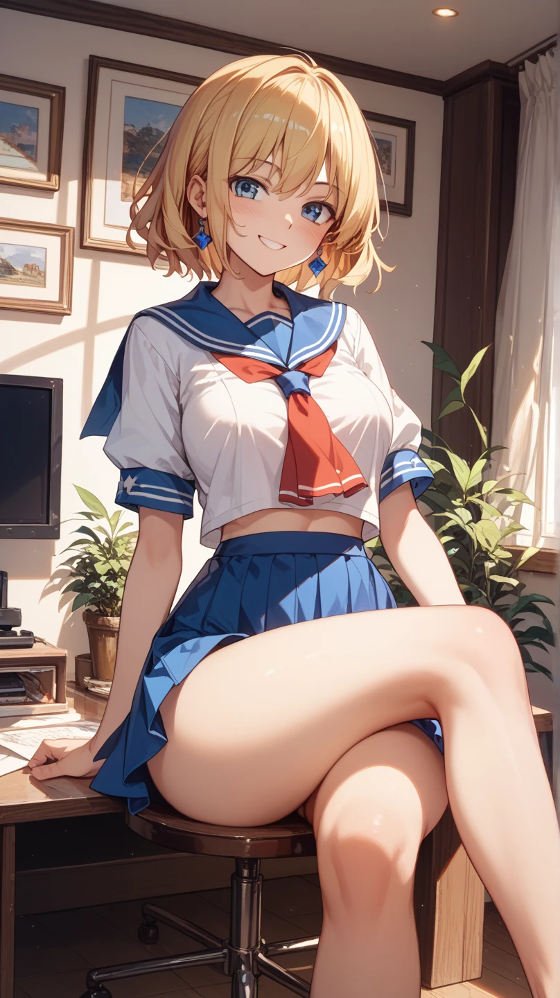 nsfw:1.6, Top quality, masterpiece, ultra high resolution, , (top quality, high resolution, 4K, detailed lighting, shaders, perfect anatomy, perfect proportions), eye of the beholder, (masterpiece, top quality) (top quality, 4K, 8K, high resolution, masterpiece: 1.2), highly detailed, (masterpiece: 1.3, top quality, ultra high resolution, ultra detailed), (top quality: 1.2), perfect eyes, perfect face, perfect lighting, (top quality, 4K, 8K, high resolution, masterpiece: 1.2), highly detailed, (top quality, 4K, 8K, high resolution, masterpiece: 1.5), highly detailed, masterpiece, top quality, ultra detailed, top quality, high resolution, 32K CG, very delicate and beautiful, illustration, high resolution, sharp focus, front lighting, glow, girl 1 person, solo, smiling, very beautiful and detailed anime face, very detailed eyes, ((masterpiece)), ((best quality)), (super detailed), ((cute)), cute, ((very detailed)), 4K, (8K), best quality, (best quality, 8K, 32k, masterpiece, super high resolution, very detailed, impressionistic:1.2), blurred background, (((two arms))) , (((two foot))), (((four fingers and 1 thumb))), Best quality , ((only one naval)),
(((Beautiful high school girl))). (White blonde hair). (((Sailor uniform))). ((((Shirt rolled up to expose breasts)))). (Brown skin: 1.3). ((Neatly trimmed blonde pubic hair)). ((Ponytail)). ((Hair neatly tied up on top of head)). ((Bangs swept to the side to show forehead)). Beautiful blue-green eyes. ((Realistic pupils)). (Plump lips with rouge). ((Large breasts)). (Full breasts). (Well-shaped breasts). (Small pink nipples). (Neat waist). Perfect proportions. (((Slender body)))). ((Well-proportioned body)). ((Sexually alluring)). Smiling. (((White choker))). Earrings. Necklace. Bracelet. Anklet. (((Sexy pose))). ((Bust close-up)). ((Private high school gymnasium)). Relaxing. ((Beautiful and realistic background)). ((Evening)).