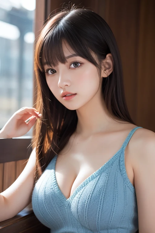 masterpiece、highest quality、16K、ultra high resolution、UHD,Depth of the bounds written、very detailed、soft light、professional lighting、Pale shading、Weak contrast、Japanese、beautiful girl、Glamorous woman、Smooth, silky skin、clear white skin、daytime office、Window seat、sitting in front of the computer、A light blue dress that hugs her breasts、Florets、(smooth and beautiful thighs:1.6)、(big breasts:1.6)、deep cleavage、saggy breasts、small areola、small nipples、beautiful nipples、Cherry-colored nipples、white breast、fine and beautiful eyes、(hanging eyes)、(thin eyebrows:1.8)、(thin lips:1.8)、natural makeup、natural color lip、gentle smile、(long wavy hair、high ponytail),(The bangs are see-through bangs)、