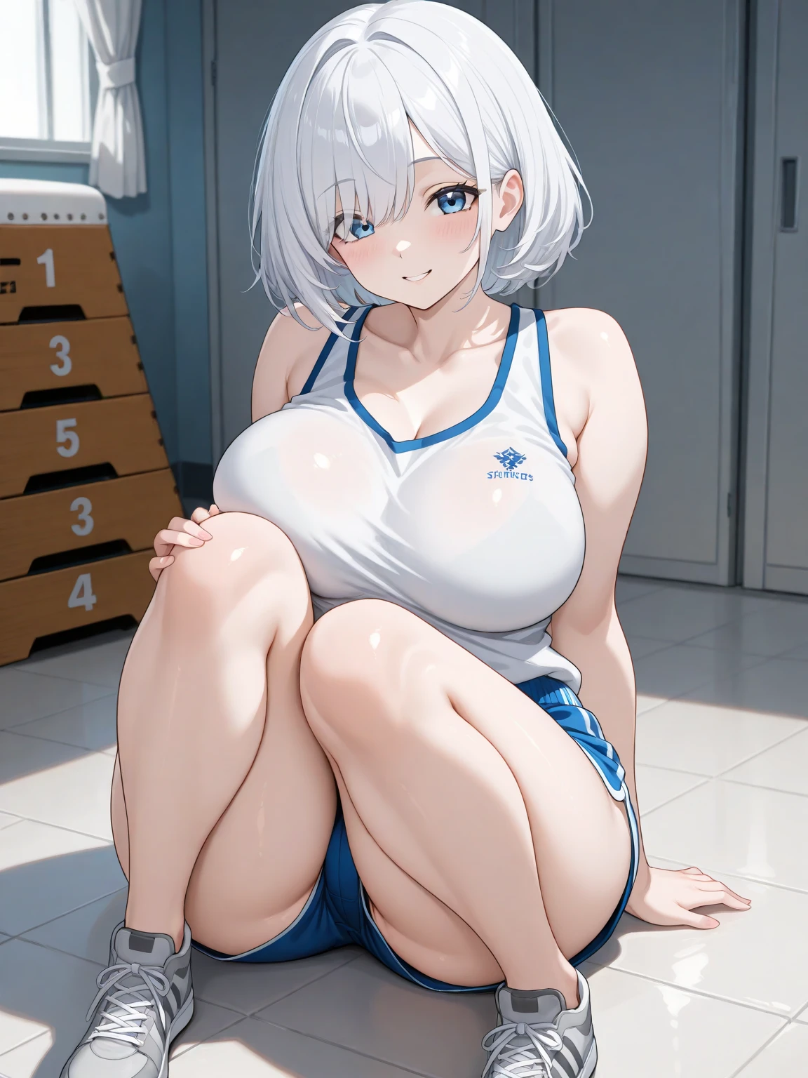 mastute piece,Best Quality,insanely detailed,8k cg,nsfw,
(shoot upper body:1.3),
(1girls:1.3),standing,looking at viewr,body in front,((both arms behind back:1.4)),(leotard:1.2),(bare breasts:1.3),break,
blush,shy,(ecstasy face),(trembling:1.2),break,(light silver hair:1.2),
break,
perfect breasts,(perfect teats:1.1),(open mouth:0.9),(large breasts:1.3),
(indoor sports field:1.1),