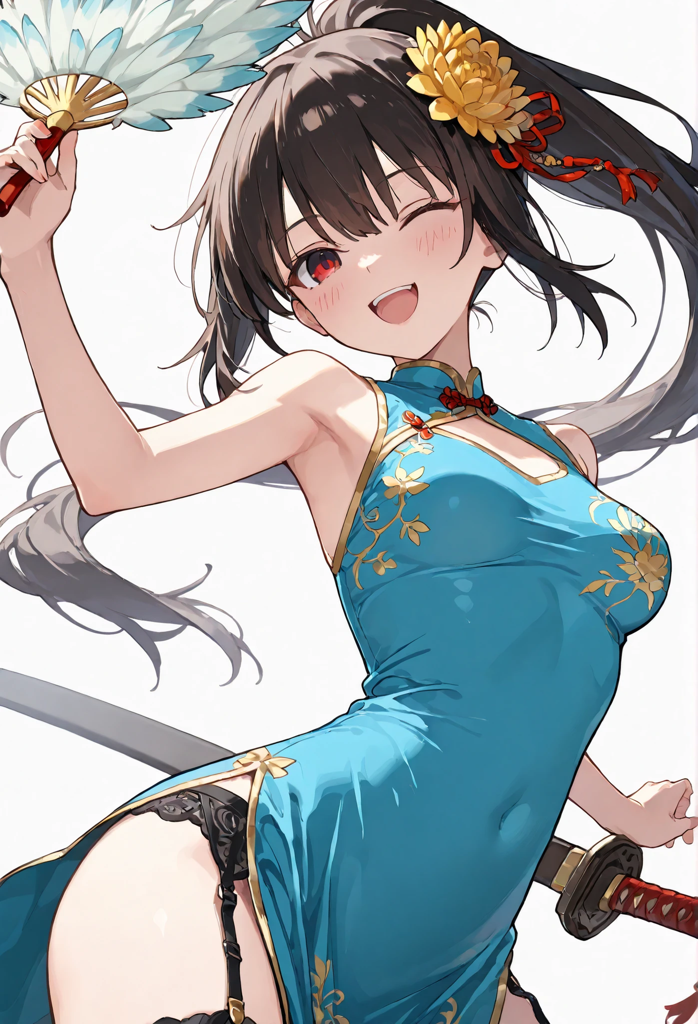 1woman:1.3}}}, ,{{{schoolgirl,黒い髪,Long Ponytail,red ribbon from below,Dark Eyes}}},{{{medium breasts:1.4}}},{{{masterpiece}}},{{{top quality}}}, {{Super Detailed}}, {{very delicate and beautiful}}}, {{{8k}}},{{{flat color:1.0}},{{{type-moon:1.5},{{{face focus:1.4}},{{{sexy pose}},,{{{white background,simple back ground}}},{{{sexy pose,dynamic pose}}}{{{open mouth,happy smile}}} }{{{batch:1.5}}}{{{face focus}}},\){{{upper BODY}}},、{{{winking}}} soft lighting,dynamic pose, throwing a powerful punch” 美しい影, 1girA (( China dress with a feather fan, open back and embroidered with golden flowers and dragons, Blue China Dress、Chestカットアウト、Chest、garter belt、Garter Straps、pelvic curtain、sleeveless、side slit、hair flower、holding a Japanese sword