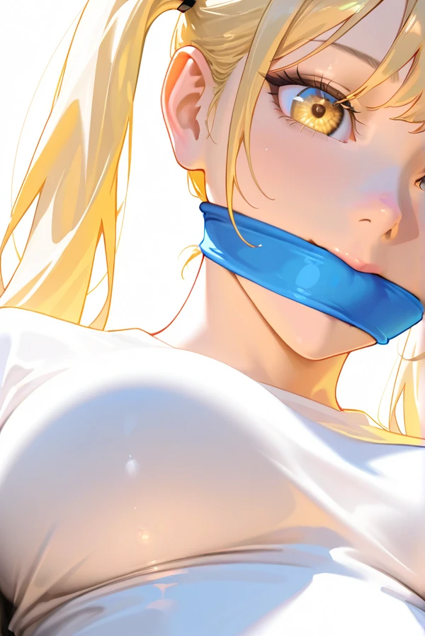 Shiny blond hair, very long hair, sophisticated haircut, ((((hair fully braided)))), ((small twisted braids)), thin and oval face, submissive, (((gagged))), ((((open denim jacket showing her breasts)))), cute and blushing 18 years old anime girl, look away because she is embarrassed and blushes, bright blue eyes, detailed face, detailed members, detailed arms, detailed hands, ((((sparkling diamond jewelry)))), tiara, ((makeup)), high heels, puffy sleeves, long gloves, long eyelashes, Girl lying, tied by ropes, shackled, can no longer move, tied tightly, very hard tied up with lots of ropes, hampered by so many ropes that she can no longer move, bound hands and feet, ropes tie his whole body, tied extremely tightly and forcefully to her bed by a lot of ropes, its limbs are strongly tied together by ropes, his torso is tied up with thick cords, her chest is so tied up with ropes that it sticks out, her legs are tied tightly with thick ropes, his hands are tied behind his back with ropes, she can no longer move her feet, her hands which are tied by thick ropes, she desperately tries to free herself, likes to be tied tight with big ropes, likes to be immobilized by big ropes, lying down, his hands and feet are strongly tied to the railing of his bed, his legs are pressed together and tied with ropes, its limbs are held vigorously by imposing ropes, her hands are tied securely behind her back by ropes, her chest is compressed by strong ropes, she is pressed against her bed and restrained by large ropes (shibari, arms behind the back:1.4), (hands on the back), (masterpiece, best quality) 1.5, 1girl, solo, (sexy, beautiful woman, perfect face, perfect eyes, perfect hands), samus aran, (shibari, arms behind the back:1.4), (hands on the back), Spread the legs, s&#39; ((lie in bed by big ropes)), ((close up of the girl)), ((((lie in bed))))