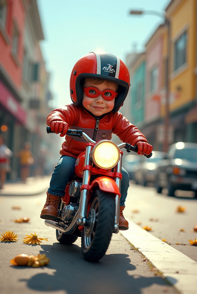 a close up of a cartoon boy on a street wear cycle helmet realistic