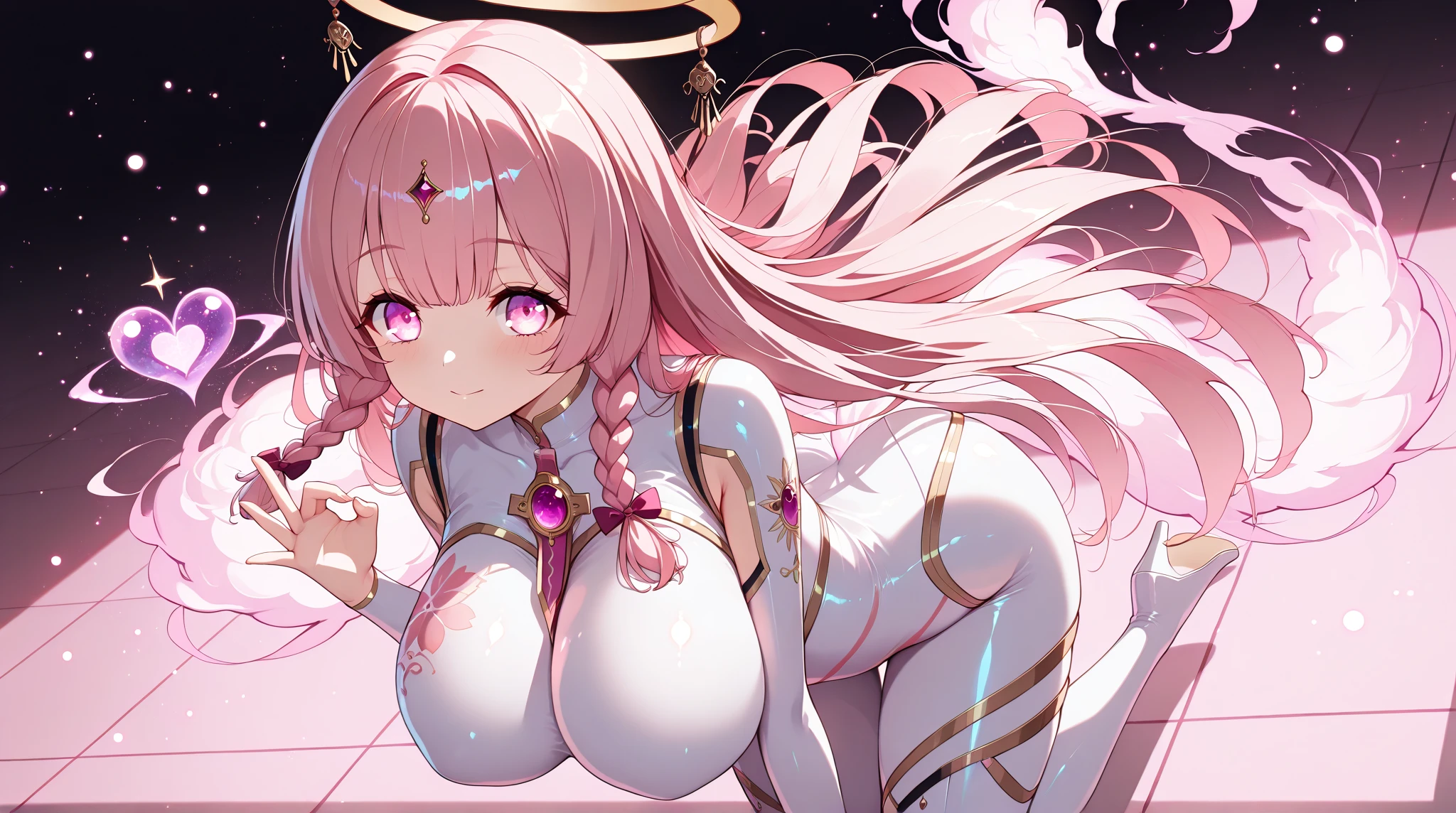 ((Brown skin))((Highest quality)), ((masterpiece)), Super Breasts,Thick legs,Big ass,Big areola, puffy nipples,Long breasts .Magical girl.Pink Hair、.Dark skin.Magic Wand. Long Breasts .magical girl. High leg
