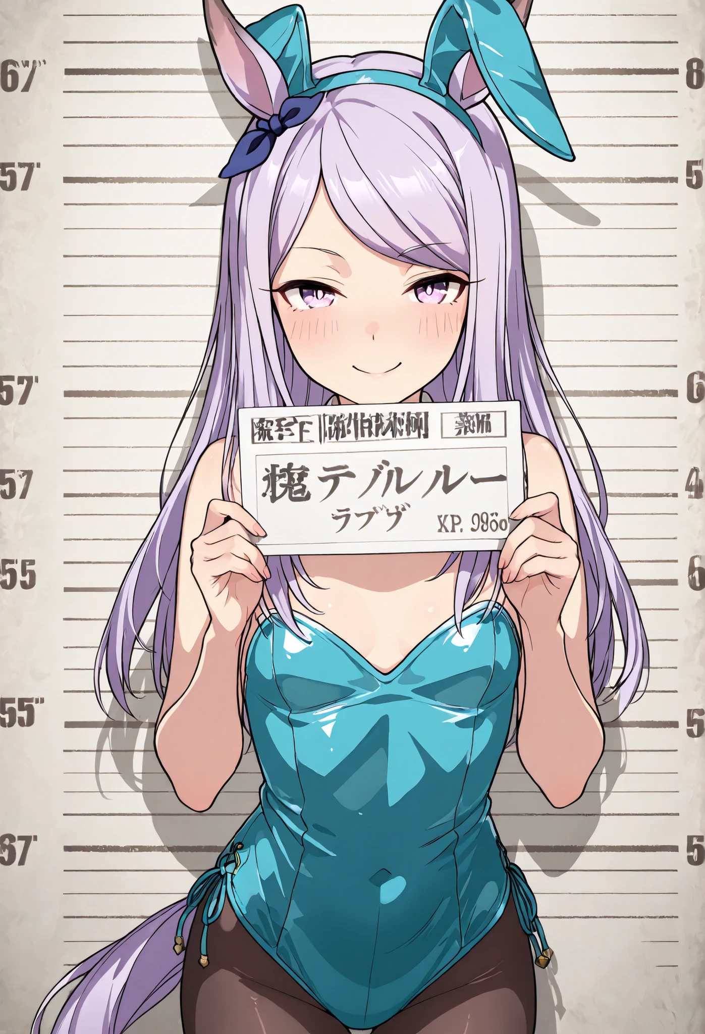 
{{{1woman:1.3}}}, ,{{{ Mejiro McQueen:1.5,Uma Musume:1.4,Horse Ears:1.4,Horse Tail,}}},{{{small breasts }}}{{{masterpiece}}},{{{top quality}}}, {{Super Detailed}},  {{very delicate and beautiful}}}, {{{8k}}},{{{flat color:0.6}}},{{{type-moon:1.5},{{{face focus:1.4}},{{{sexy pose}},,{{{simple back ground}}},{{{sexy pose,dynamic pose}}}{{{smile}}} }{{{batch:1.5}}}{{{face focus}}},{{{flat color:0.6}}}\(umamusume\),playboy bunny(bunny girl)
rabbit ears, black rabbit ears, RED fake rabbit ears,(red,bunny girlの耳)
Blue leotard,(Blue Leotard)
pantyhose, black pantyhose,(black stockings,mugshot of a young woman standing straight against a height measurement wall, holding a white ID board with white text that reads "ID #3048 / Tokyo Police Dept. / 2025-06-09", dissatisfied expression, half-lidded eyes, slightly tilted eyebrows,  clean lighting, front-facing, neutral background, realistic anime style, upper body portrait