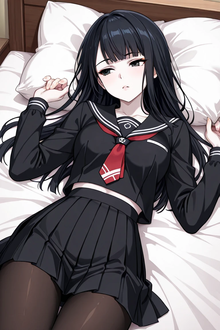 cat eared girl, long black hair, Cowboy Shot, Look at the Viewer, Grab Bed Sheets, (Lying on her Back), Lying in Bed, black military uniform, bedroom