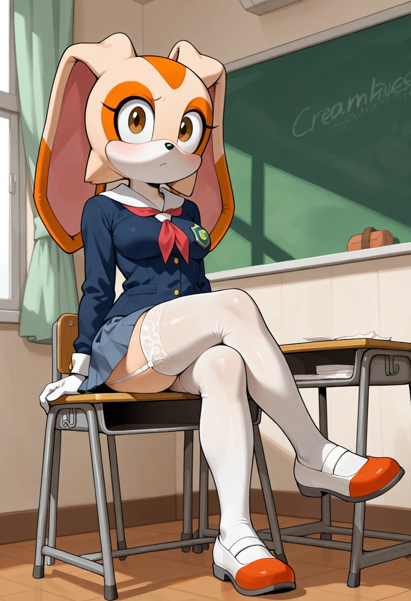 contrapposto, (masterpiece), professional photography, highly detailed, toothy smile,
BREAK 
pleated skirt, sitting on desk, crossed legs, school shirt, cleavage, leaning forward, nipple slip,
BREAK, 
white thigh-highs:1.3, lace garter belt,
BREAK,
Rabbit girl, ((copper hair)), long legs, (small body:1.4), (petite body:1.4), [large ass], (flat-chested), (large thighs:1.3), (highly toned legs:1.2), (slim waist:1.1), platform heels,
BREAK, 
curly bob hair, (tan:1.6), (tan lines:1.4), 
BREAK, 
furry ears, collarbone, 
BREAK,  
eyeliner, eyeshadow, blush,
BREAK, 
(Opulent classroom background scenario),