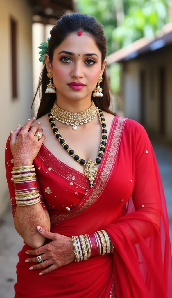 "Create an image of Goddess Kali draped in a blood-red maroon saree made of net fabric, adorned with intricately crushed diamonds embedded throughout the saree. She should have a seductive face expression and a captivating pose that accentuates her allure, while maintaining her powerful and majestic aura.