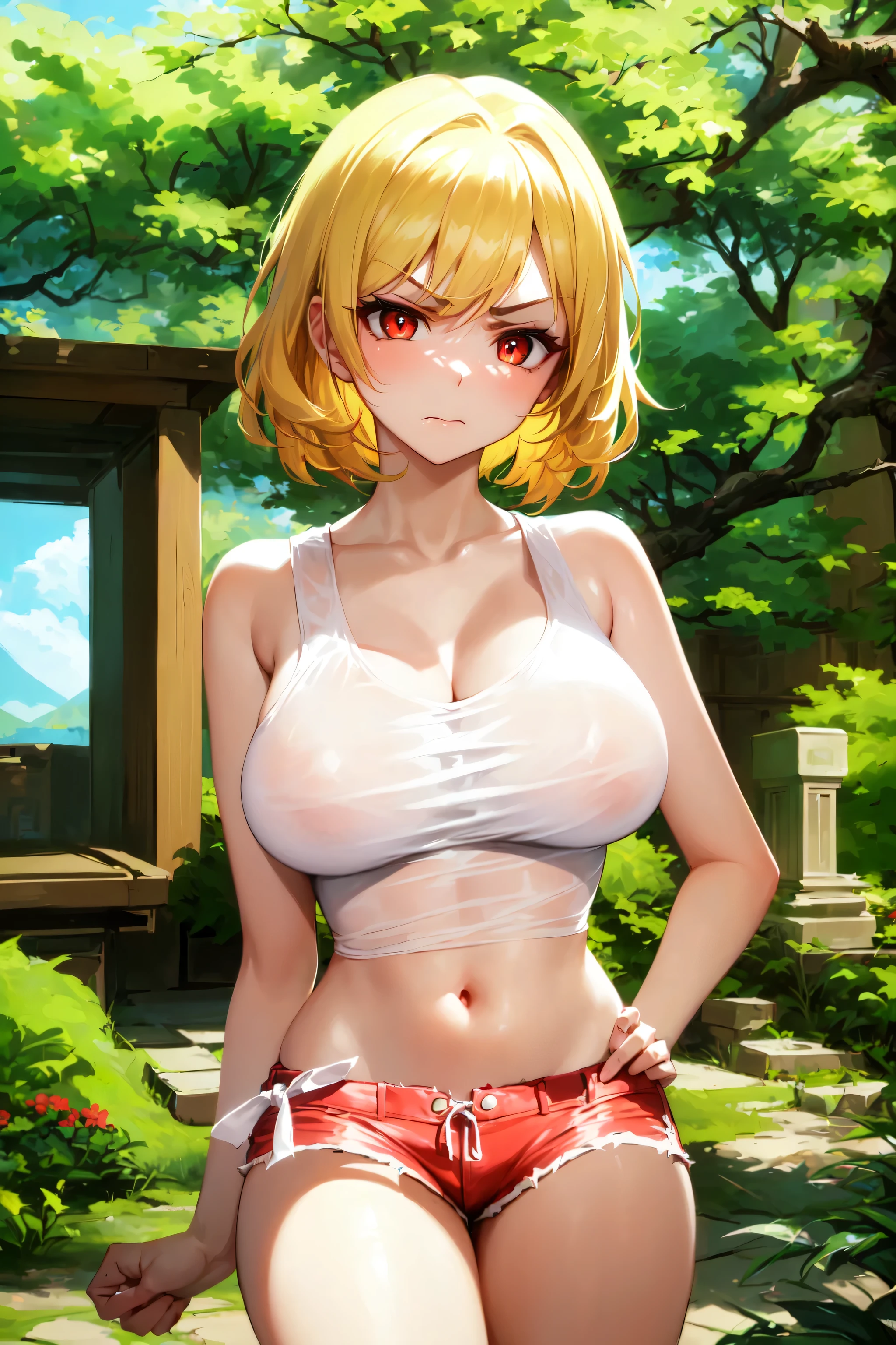 Being in the forest、Forest background、grassland、Great Plains、((Highest quality, 8K, masterpiece :1.3)), whole body, Sharp focus :1.2, Beautiful woman with perfect figure :1.4, Slim Abs :1.2, ((Golden Hair, Big Breasts :1.2)), :1.1, (Eila from Chrono Trigger), Highly detailed face and skin texture, Fine grain, double eyelid
