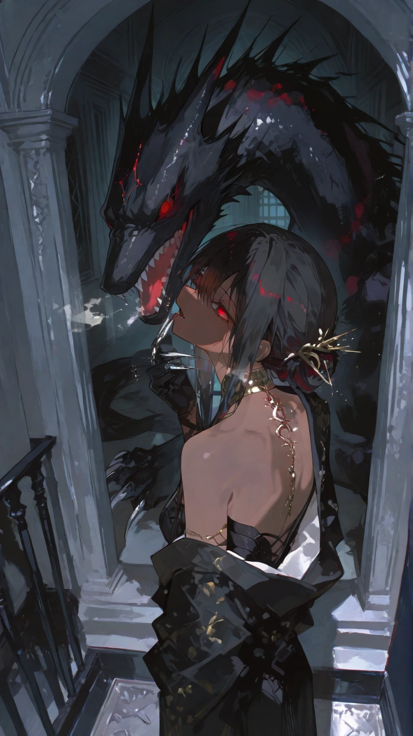 Snake woman, medium breasts, defined, long black hair with a bluish tip, long sharp nails, dressed in wild costumes, background of a temple in ruins Several men turned to stone