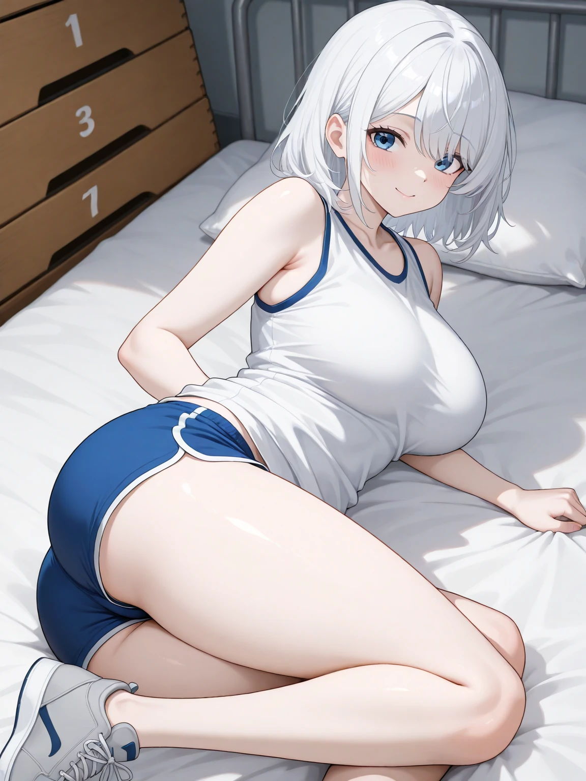 (((masterpiece))), ShizukaMikazuki, One Girl, alone, View your audience, Long Hair, Gray Hair, Long sleeve, Cleavage, (Huge breasts),clavicle, Mature Body,Glamorous Body,Trained abdominal muscles,Make your face a little smaller,Make your breasts bigger,tall,Blushing,High Ponytail,Blouson, Open clothes, open Blouson, blue Blouson,nude,Exposed nipples,Exposed Pussy,Play sports often, Choker with charm,Earrings, shoulder tattoo,Detailed expression of fingers,Laugh naturally,blue eyes,Bed with night view,look at the camera,Sweat all over,Bring your face closer to the camera,Laughing embarrassedly, Sit on the bed with your legs crossed and your back arched, looking over your shoulder with a confident expression