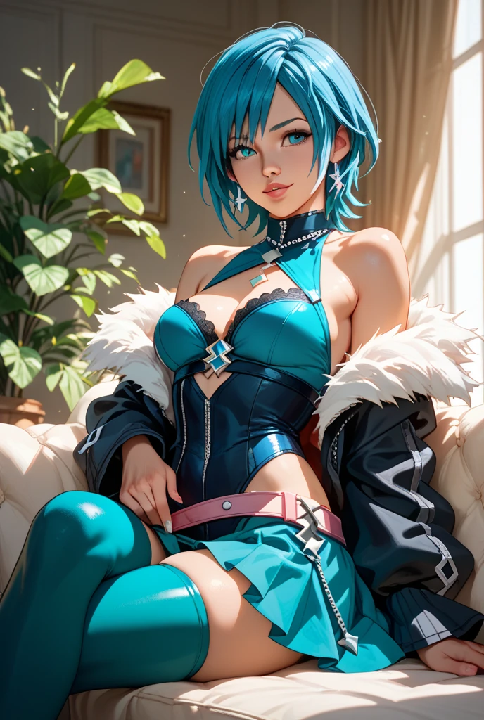 (score_9,score_8_up,score_7_up), source_anime, Goth MILF, cleavage, midriff, blue eyes, bob hair cut; being sexy, cute, zPDXL2, sitting on couch. 1girl