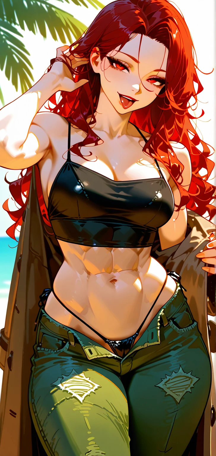 Very detailed、highest quality、Best image quality、masterpiece、8k、Anime Face、A kind smile、(Open your mouth:1.3)、Sparkling blue eyes、(Orange medium long hair:1.5)、(Muscles of the whole body:1.3)、(High leg:1.8)、Thigh belt、(Green Bikini:1.5)、(Upper body close-up:1.5)、(SFW Giant)、(Thick body:1.3)
