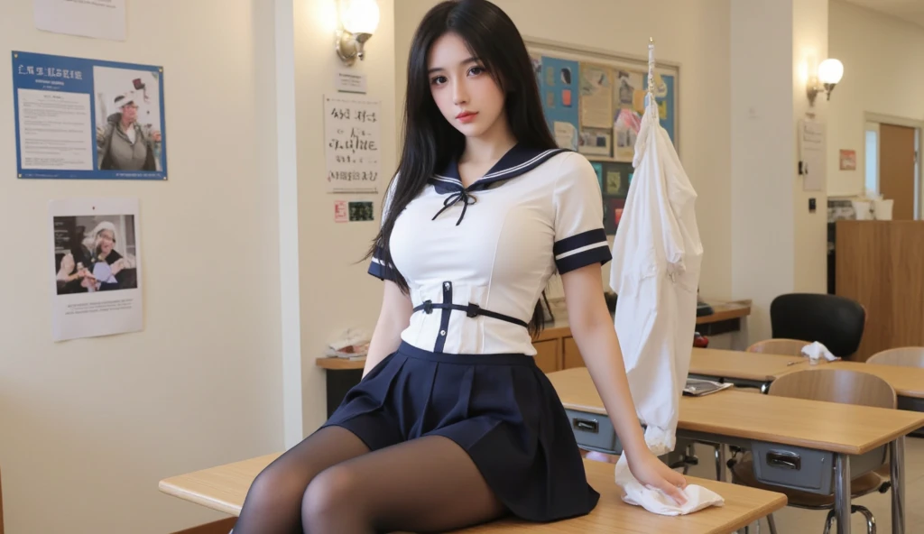 ((Best quality, Masterpiece, 8K)),  Indonesian girl. Wear Indonesian high . White shirt, gray skirt. Black belt. Beauty,  half layered hair. Sitting on the chair of classroom, flirty pose. Open legs apart. Smile. Full body. White panties. Visible panties. View on camera