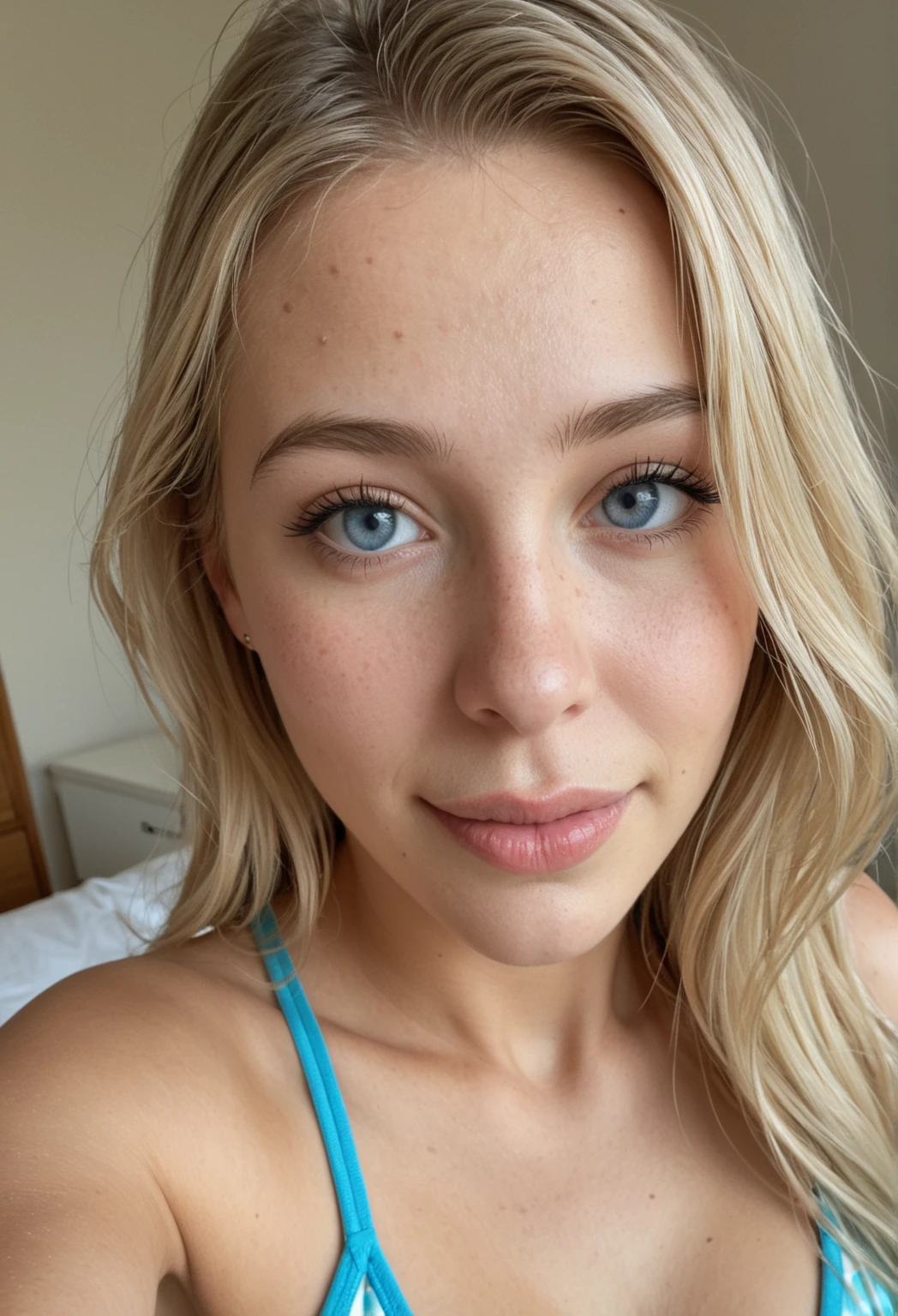 professional, (8K photo:1,1), (Focus:1,3), high detail, playful 18 year old Italian girl, (attractive young woman:1.3), (seductive:1.1), beautiful detailed face, blue eyes, blonde hair, (blushing:1.1), Beautiful young and athletic body, Beautiful breasts:1.2, beautiful smile, selfie face close up, lying in bed sleepy at night with soft light 