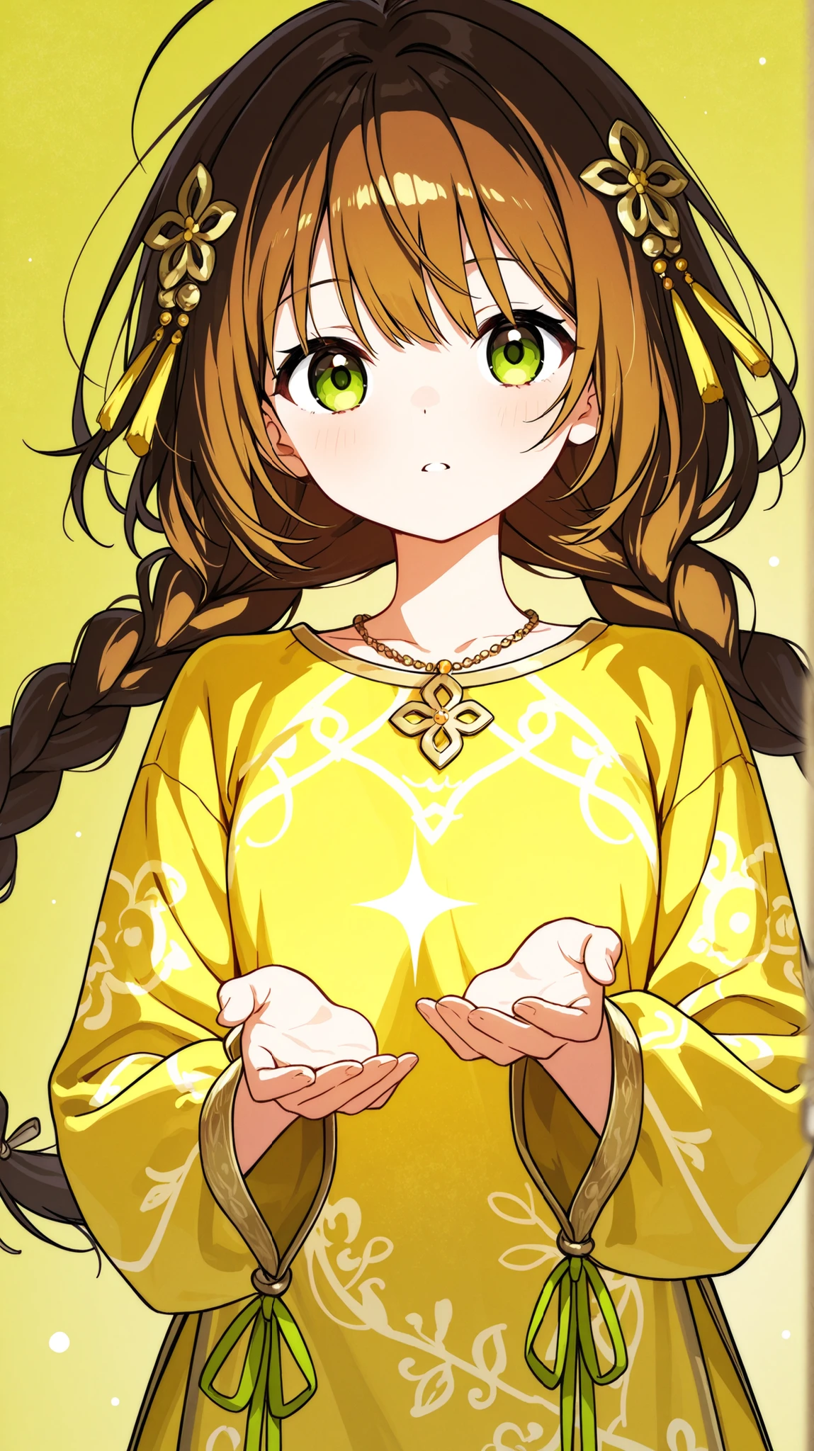 score_9, score_8_up , score_7_up , score_9,Score_9, Score_8_up , Score_7_up ,Create a sweet ancient style picture, focusing on the character's features: long brown hair (braided hair, hair accessories), yellow ancient cheongsam (green decoration, pattern), holding a ribbon, posture (raising hands), wearing a necklace, using the interior (simple background, soft light) to highlight the sweet and delicate texture and elegant atmosphere of the ancient style.