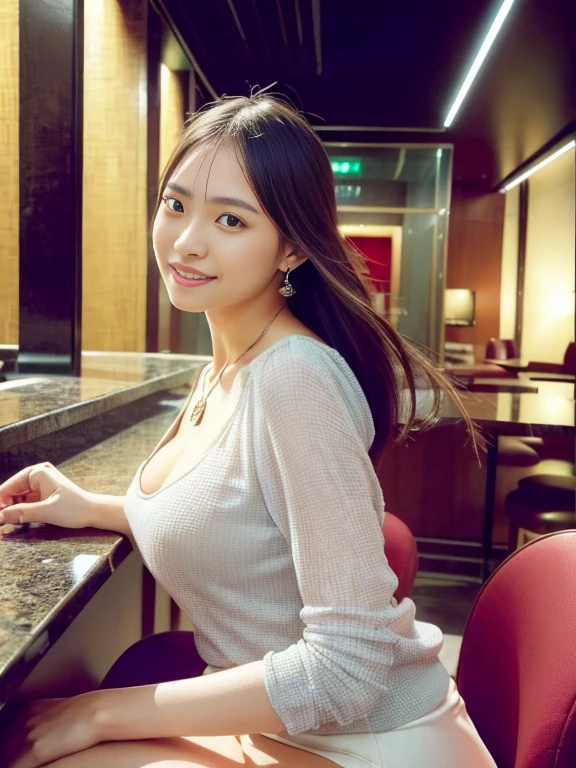 (1 beautiful 50-year-old plump beauty style), ((Best quality, 8K, huge tit: 1.5)), focal point: 1.2, Perfect body proportions: 1.4, (Make a smile), （Ray traching）,Watery eyes, Highly Detailed Face and Skin Textur, Fine eyes, Double eyelids, Whitens the skin, (long whitr hair, Air bangs: 1.3), (face round: 1.5), (a skirt: 1.4), (In the café，Artistry sitting),