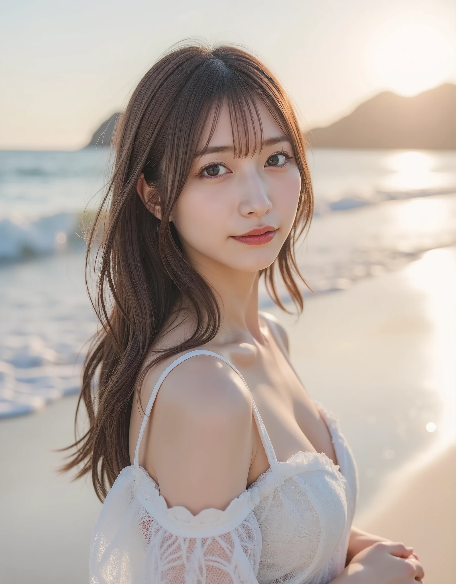 table top, highest quality, shape, Super detailed, finely, High resolution, 16k, perfect dynamic composition, straight hair, medium hair, brown hair,natural color lip, smile, 20 year old girl、cute、beautiful、Perfect and beautiful face, beautiful and detailed face, slim face and body, Elegant face, KPOP idol face、Japanese idol faces、small face、Big eyes, brown eyes, droopy eyes, Dense and beautiful eyes,  girl, lie down, beach, sunrise, early morning, light, gentle glow, peaceful expression, quiet, pale pink, soft blue, dawn, sky, calm sea, tranquil, day,