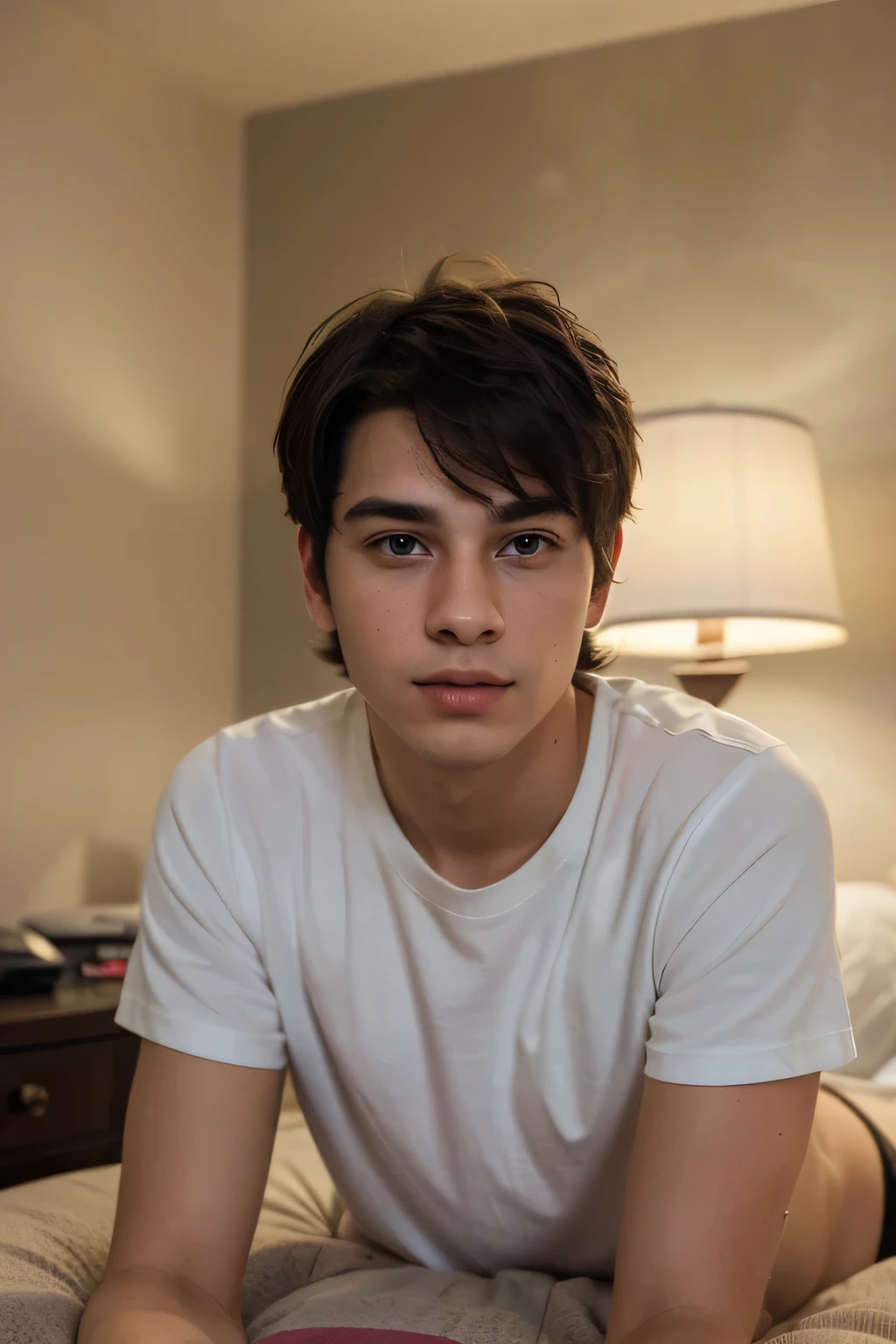 Selfi realiste, homme de 19 ans, beau, intelligent, looks tired in bed
