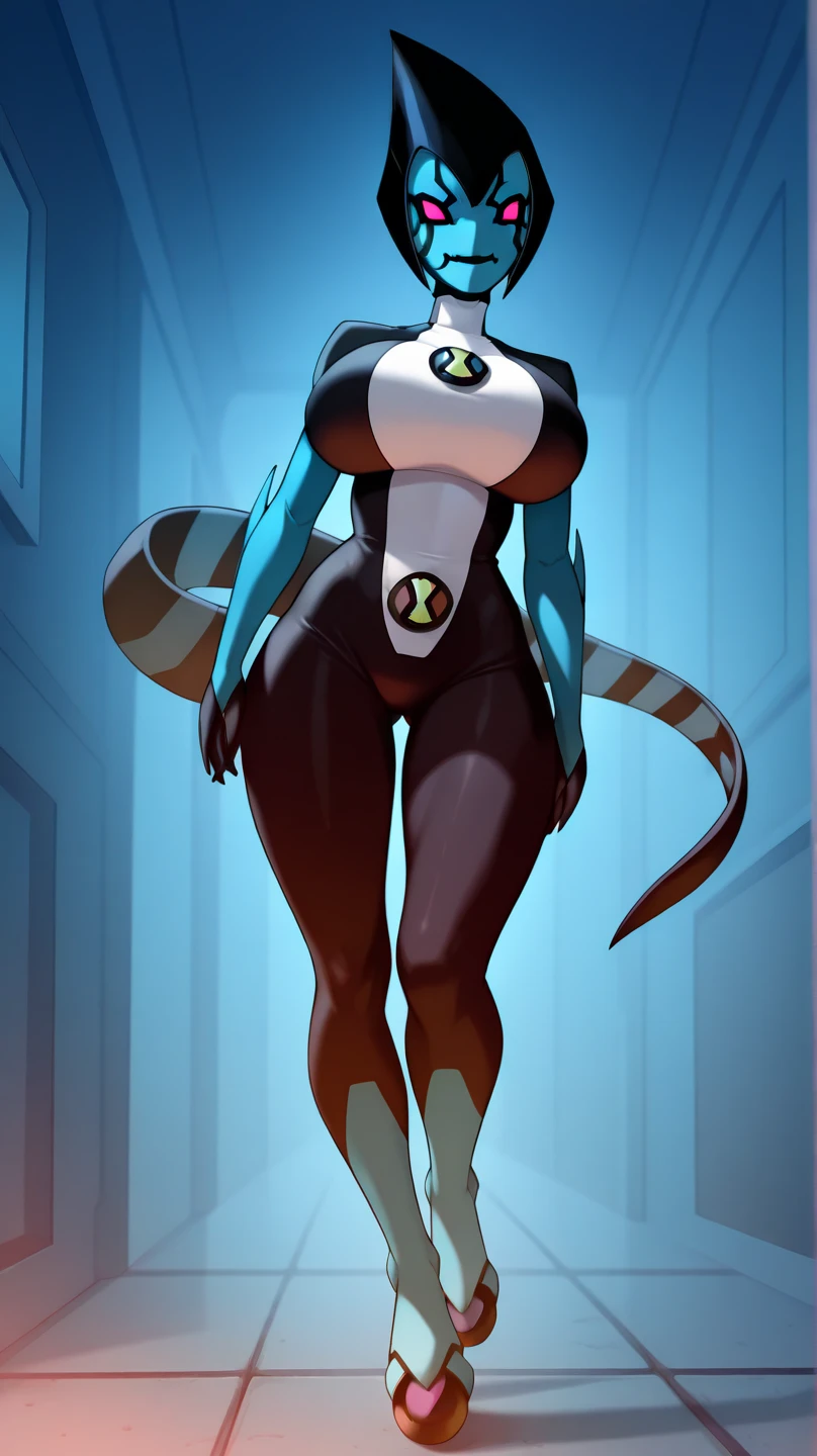 Masterpiece, best quality, Masterpiece, best quality, 1 woman , Black rabbit , furry , conjunctivitis , sly face , indifferent face , naked , thin , abdomen , big breasts , Long legs , hands on hips , 1 man , stand next to , face , abandoned factory , at night
