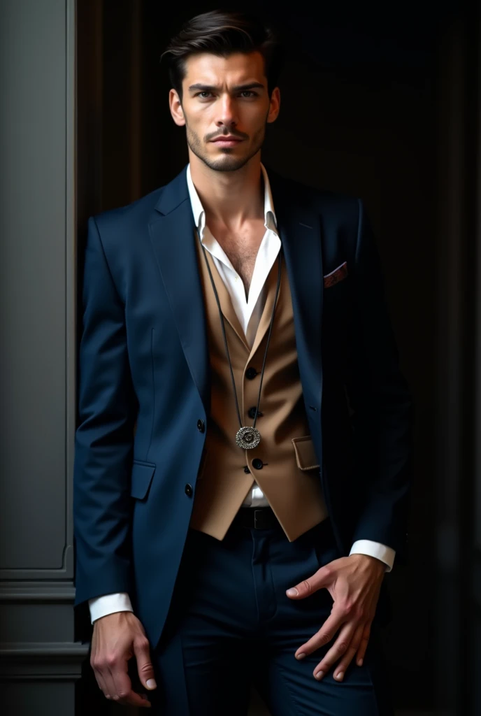 character standing with arm straight, dark hair (neck length hair tied in a ponytail), nice pose, handsome man, pretty face, royal elegant pose, business man, (in a striped blazer), (The surrounding environment is a luxurious and classic living room) (sand tone image)