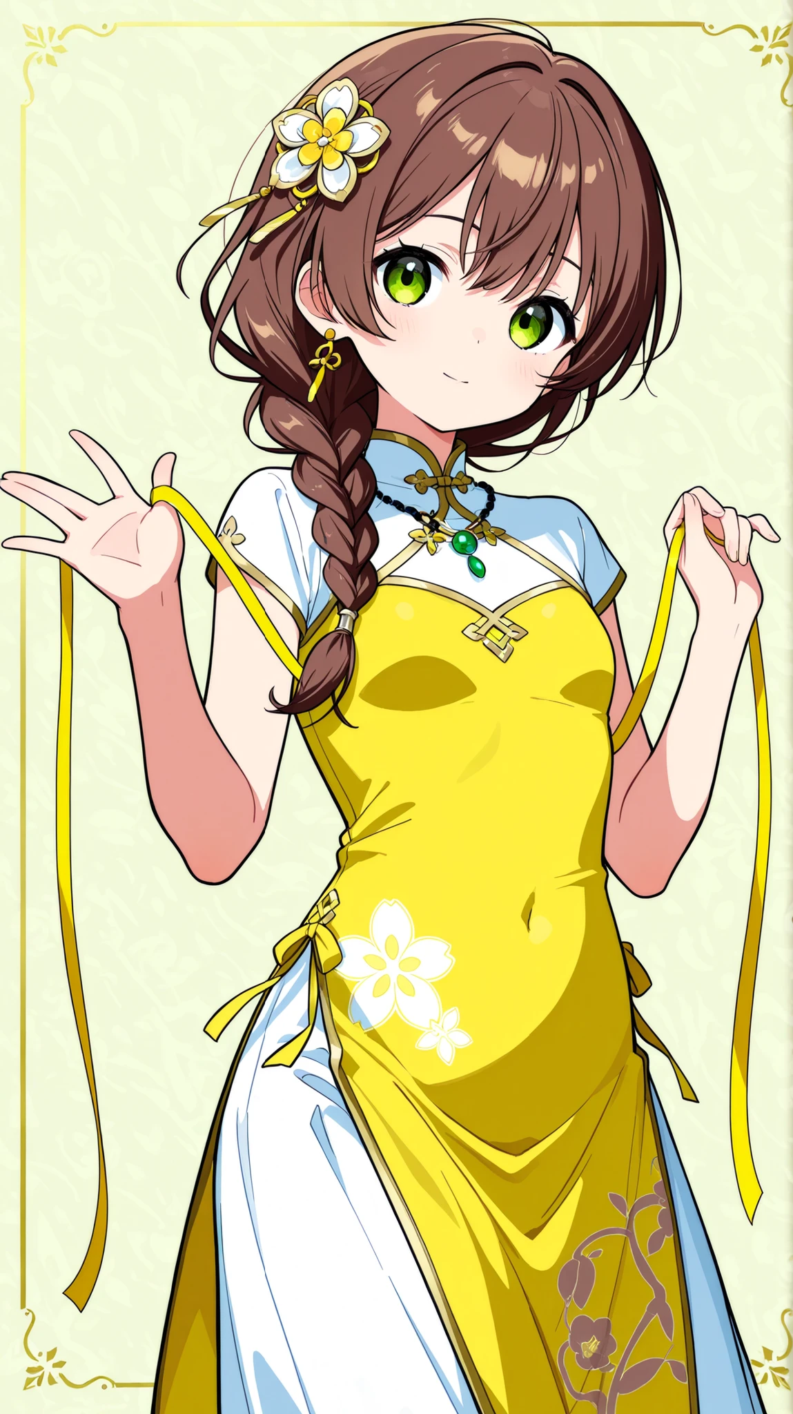 score_9, score_8_up , score_7_up , score_9,Score_9, Score_8_up , Score_7_up ,Create a sweet ancient style picture, focusing on the character's features: long brown hair (braided hair, hair accessories), yellow ancient cheongsam (green decoration, pattern), holding a ribbon, posture (raising hands), wearing a necklace, using the interior (simple background, soft light) to highlight the sweet and delicate texture and elegant atmosphere of the ancient style.