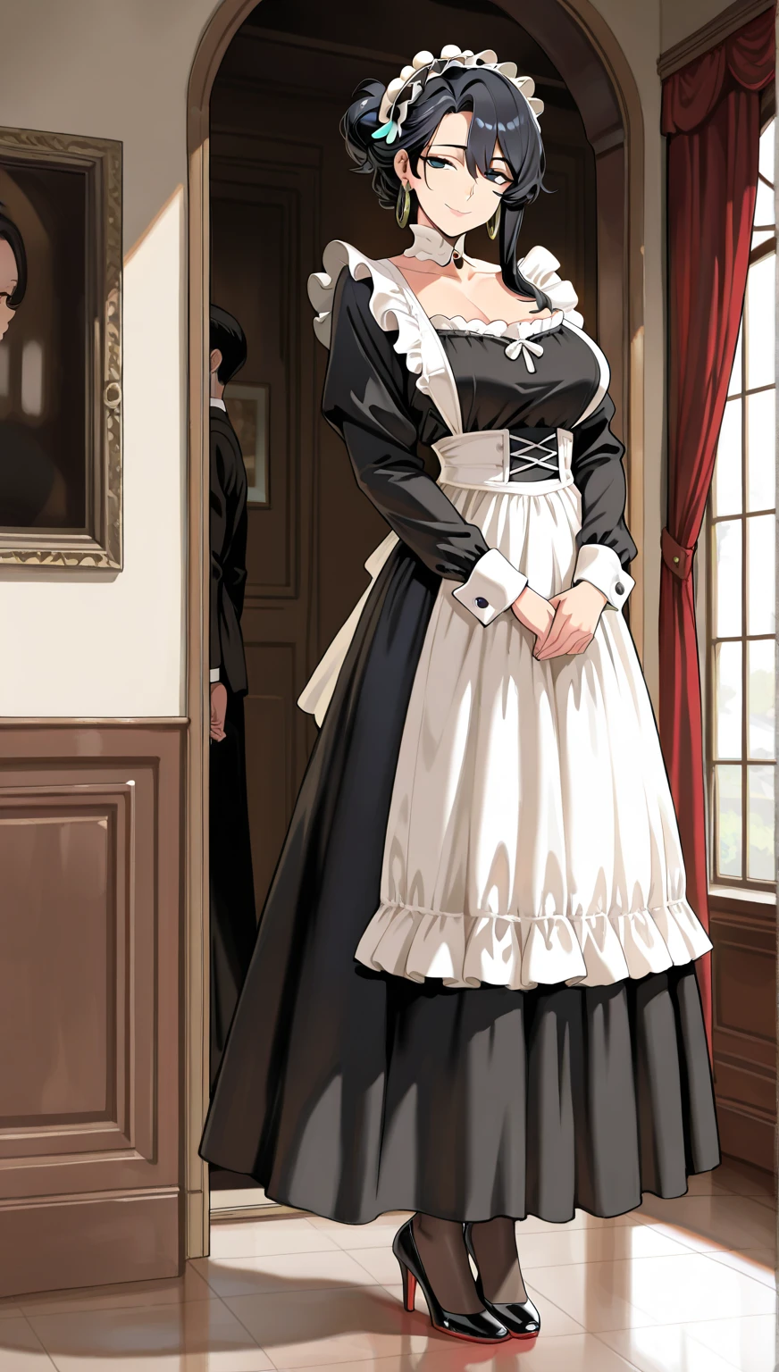 1solomilf full body standing straight symmetrical, lustful smirking smile face red blush red cheeks, looking at viewer, hands inside pockets, 2long braids, maid headdress, maid, black dress and white apron, maid dress, maid apron, long sleeves, white panty hose, long leather military boots, high thighs, long hair, masterpiece